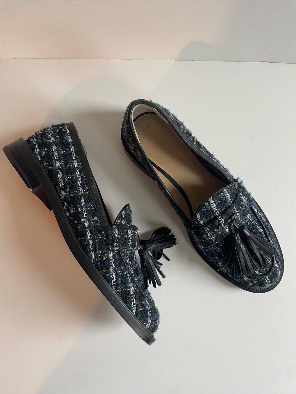 Ann Taylor Tweed Tassel Loafers - Navy, Green